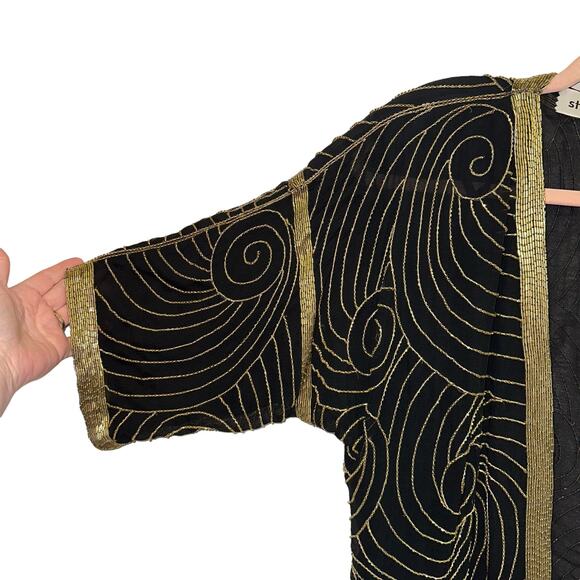 St. Honore Vintage Black & Gold Silk Beaded Flapper Jacket Top - Picture 3 of 8